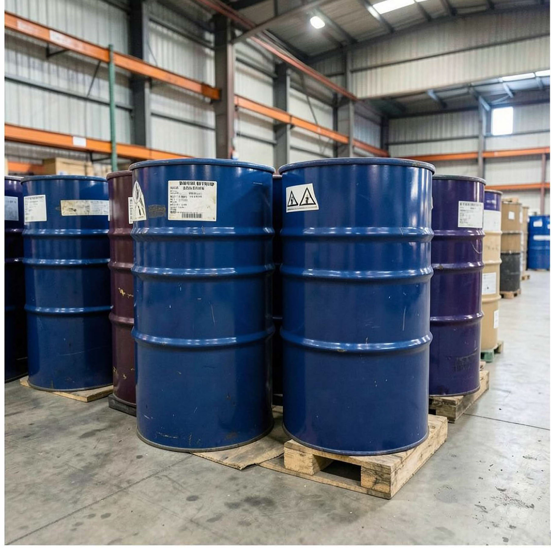 Blue industrial drums for lubricant stacked on wooden pallets in warehouse facility